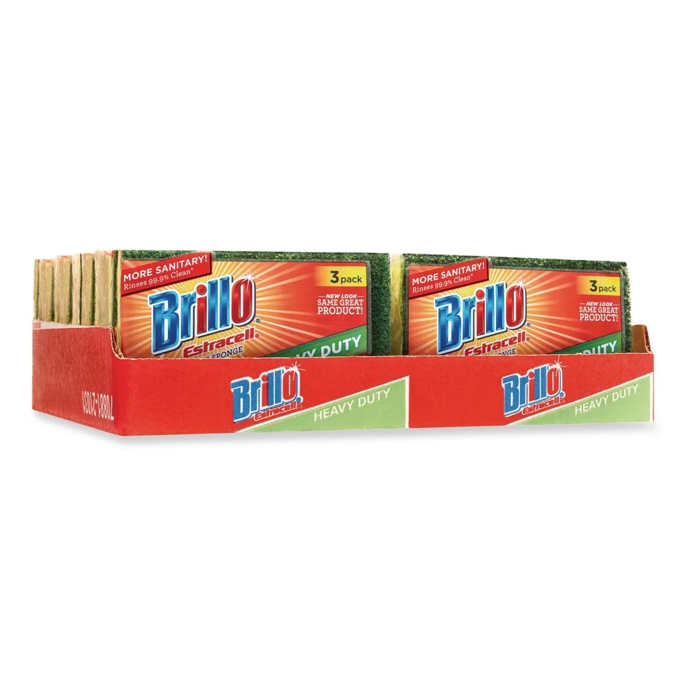 Brillo Estracell 4.5 in. x 2.75 in. Heavy-Duty Scrub Sponge - Yellow/Green (8/Carton)