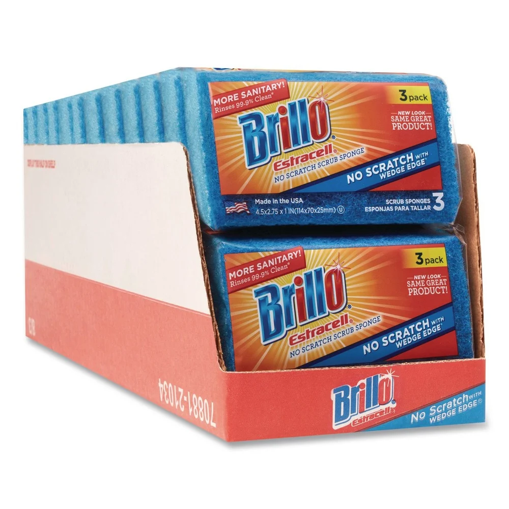 Brillo Estracell 4.5 in. x 2.75 in. No-Scratch Kitchen Sponges - Blue (8/Carton)