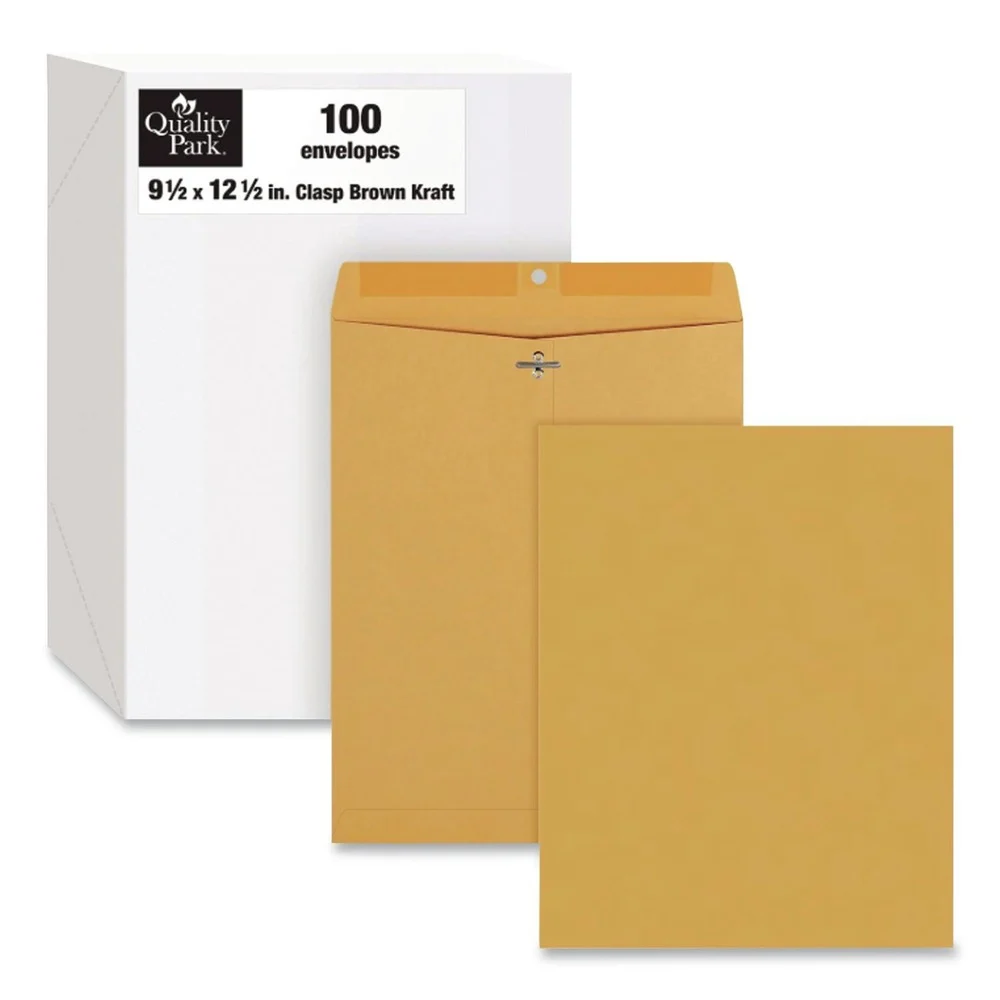 Quality Park 9.5 in. x 12.5 in. 32 lbs. Bond Weight #12 1/2 Square Flap Clasp/Gummed Closure Clasp Envelope - Brown Kraft (100/Box)