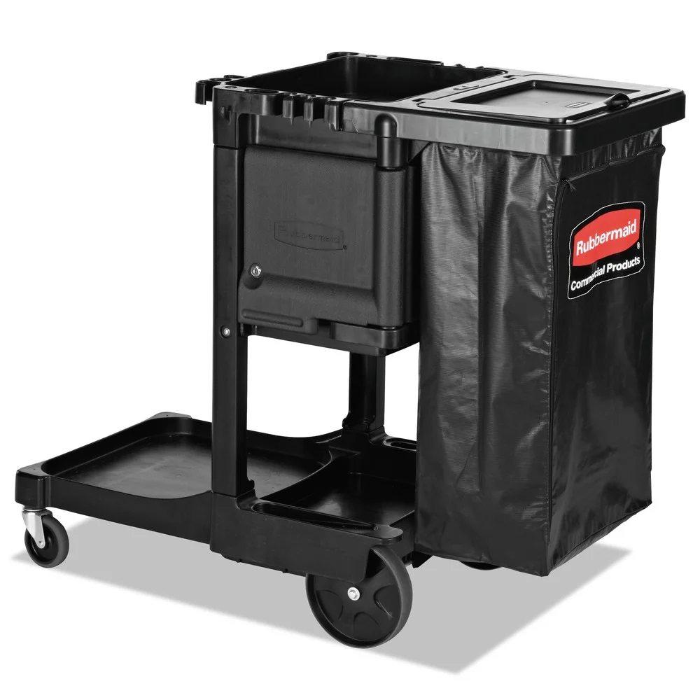 Rubbermaid Commercial 12.1 in. x 22.4 in. x 23 in. 4 Shelves 1 Bin Plastic Executive Janitorial Cleaning Cart - Black