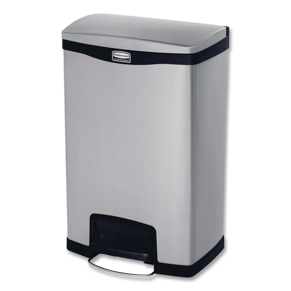 Rubbermaid Commercial Slim Jim 13-Gallon Front Step Style Stainless Steel Step-On Container - Black