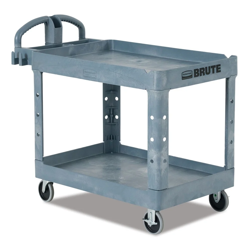 Rubbermaid Commercial BRUTE Heavy-Duty Ergo Handle Utility Cart Plastic 2 Shelves 750 lb Capacity 26-in x 55-in x 33.25-in Gray