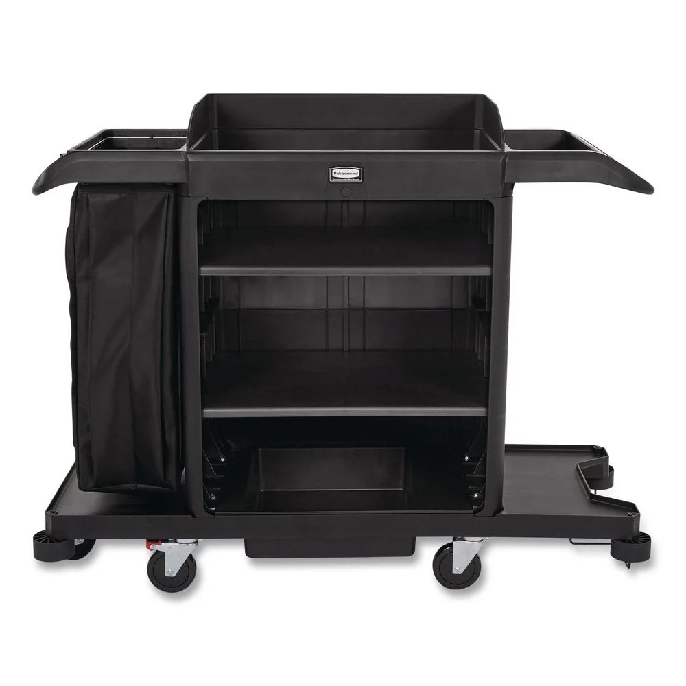 Rubbermaid Commercial 24.4 in. x 62.4 in. x 49 in. Full-Size 3-Shelf Housekeeping Cart - Black