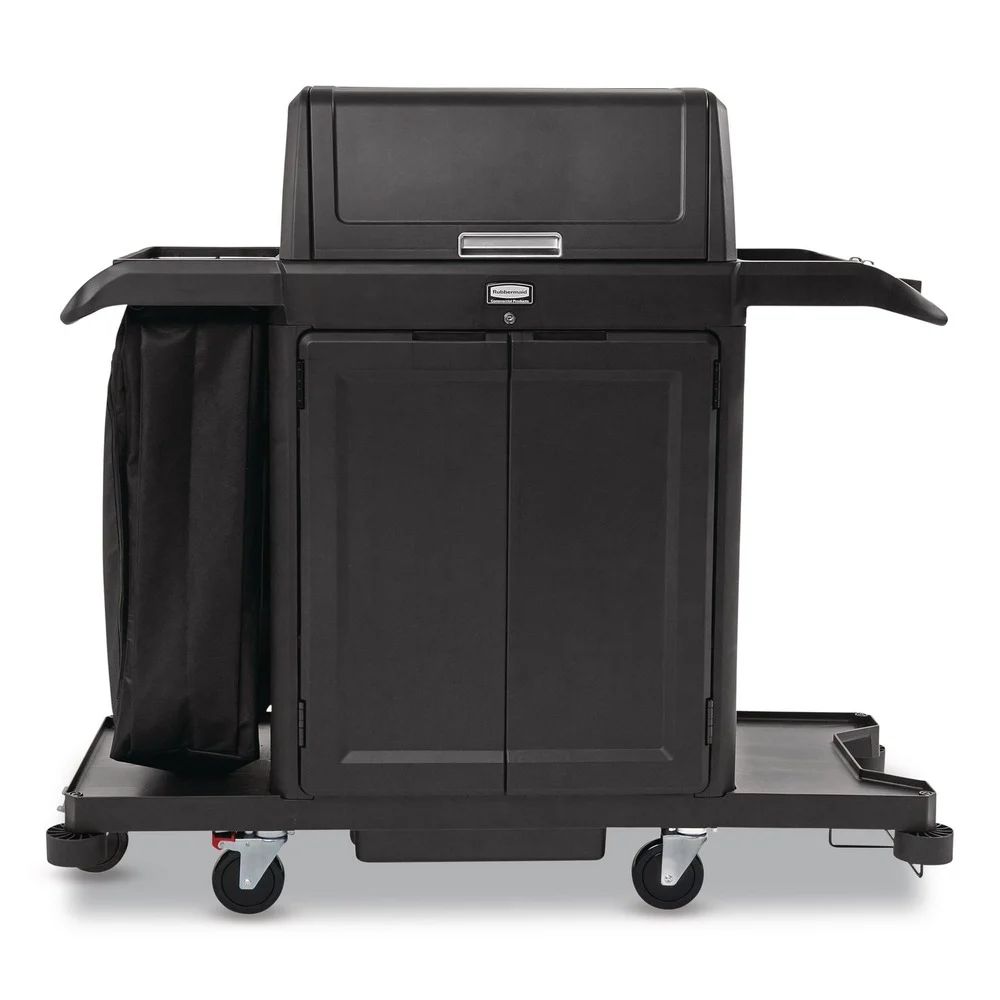 Rubbermaid Commercial 24.4 in. x 62.4 in. x 56.9 in. 4-Shelf Housekeeping Cart with Hood and Doors - Black