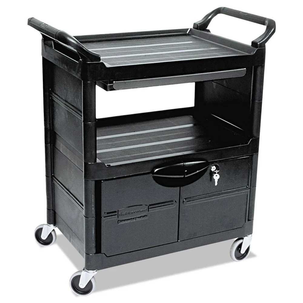 Rubbermaid Commercial 33-5/8 in. x 18-5/8 in. x 37 in. 3 Two-Shelf Utility Cart with Locking Doors - Black