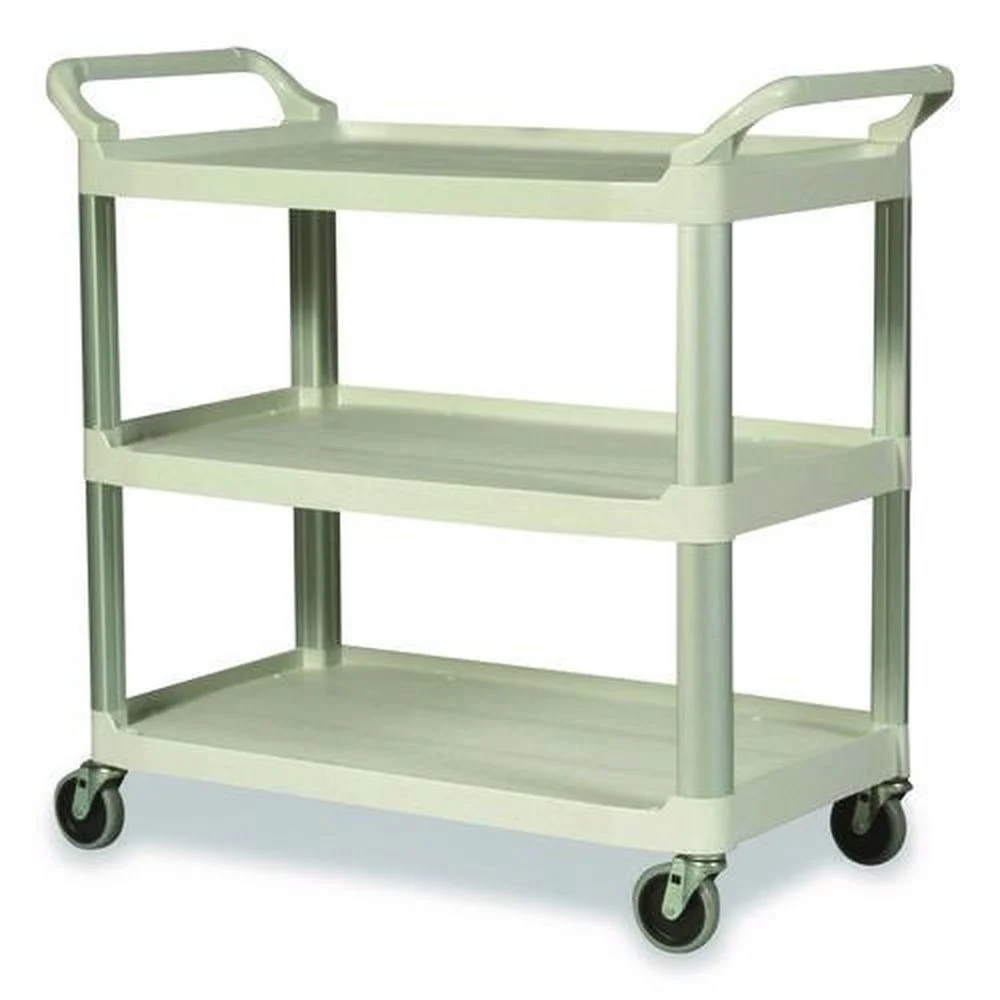 Rubbermaid Commercial 40.63 in. x 20 in. x 37.81 in. 300 lbs. Capacity 3 Shelves Plastic Xtra Utility Cart with Open Sides - Off-White