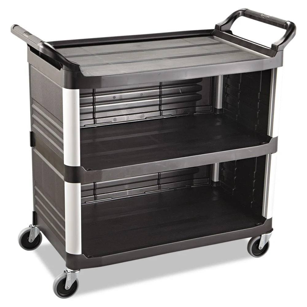Rubbermaid Commercial 40.63 in. x 20 in. x 37.81 in. 300 lbs. Capacity 3 Shelves Plastic Xtra Utility Cart with Enclosed Sides and Back - Black