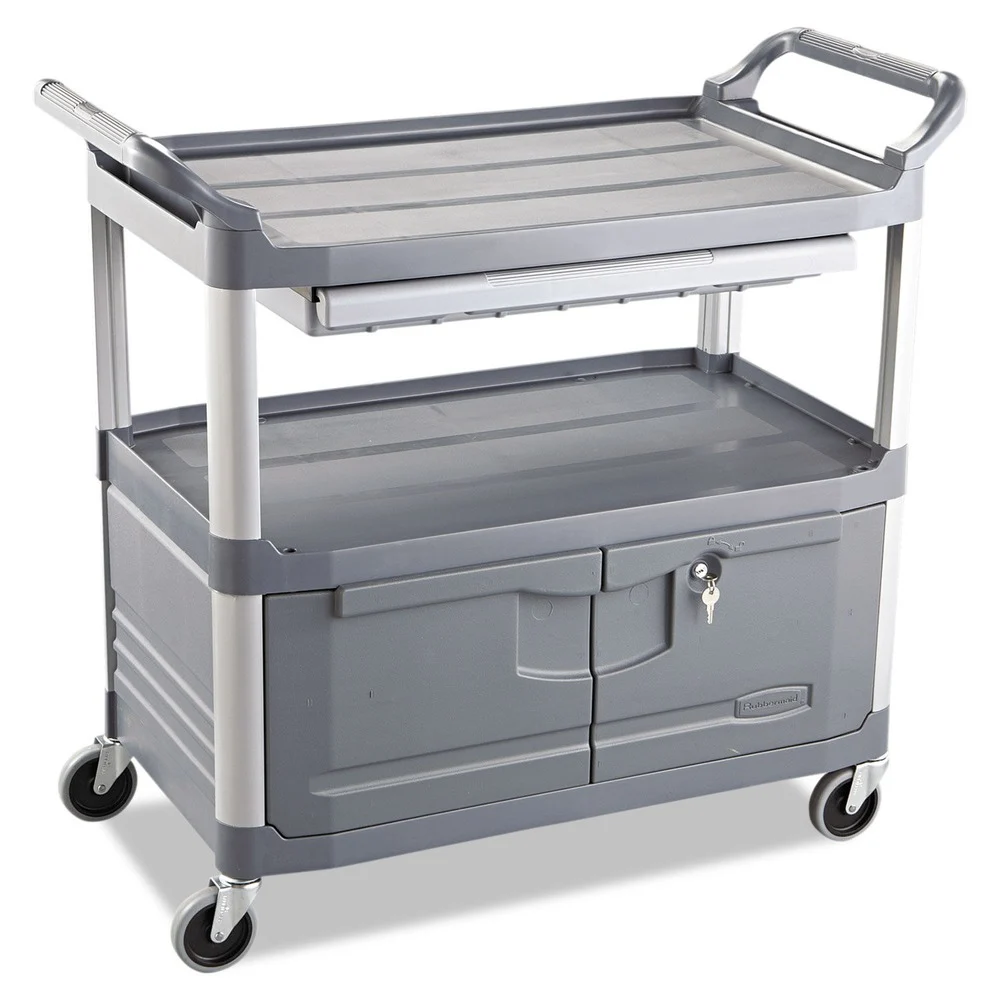 Rubbermaid Commercial 40.63 in. x 20 in. x 37.81 in. 300 lbs. Capacity 3 Shelves Plastic Xtra Instrument Cart with Locking Storage Area - Gray