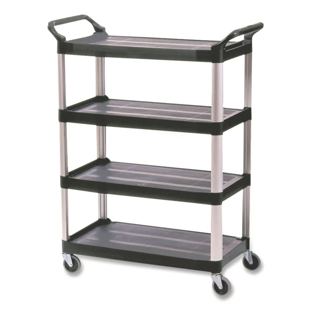 Rubbermaid Commercial 40.63 in. x 20 in. x 51 in. 400 lbs. Capacity 4 Shelves Plastic Xtra Utility Cart with Open Sides - Black