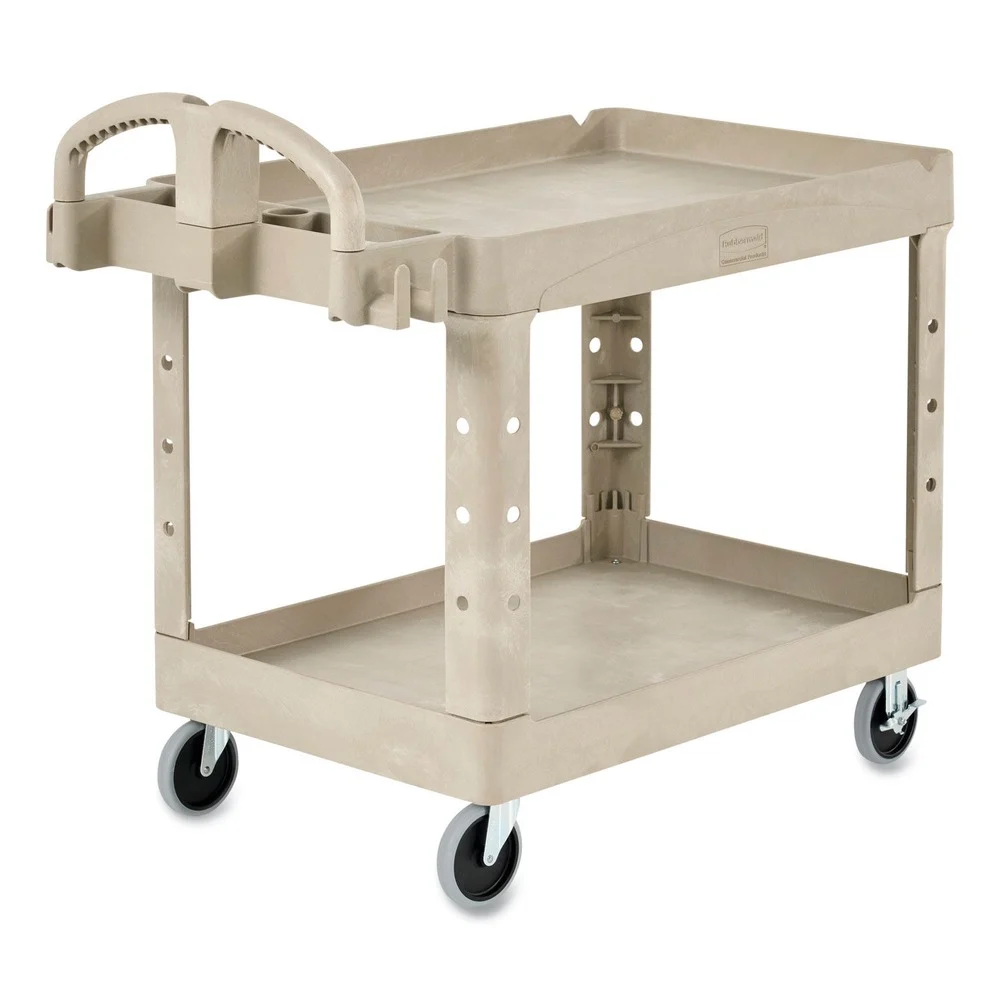 Rubbermaid Commercial 17.13 in. x 38.5 in. x 38.88 in. 500 lbs. Capacity 2 Shelves Plastic Heavy-Duty Utility Cart with Lipped Shelves - Beige