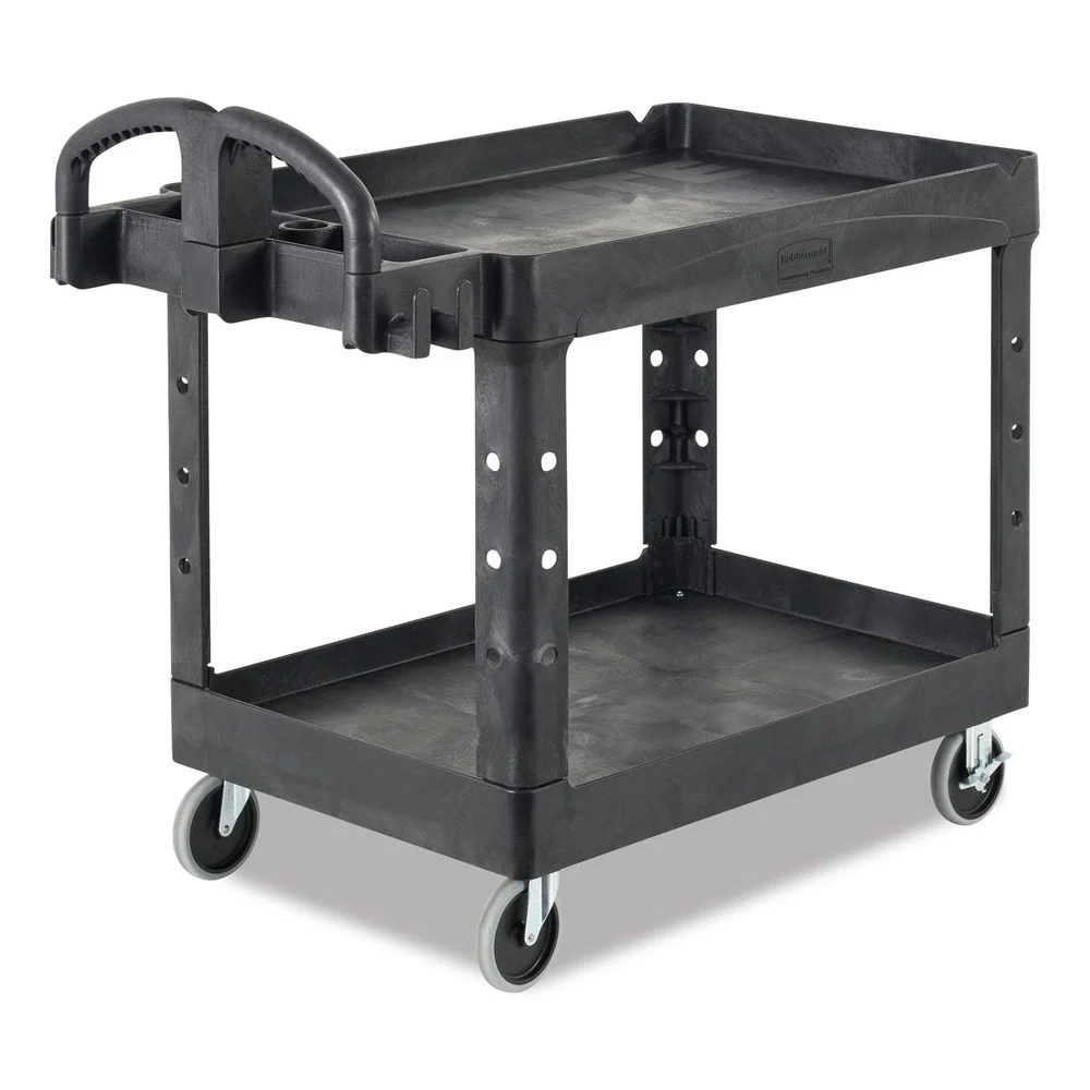 Rubbermaid Commercial 17.13 in. x 38.5 in. x 38.88 in. 500 lbs. Capacity 2 Lipped Shelves Heavy-Duty Plastic Utility Cart - Black