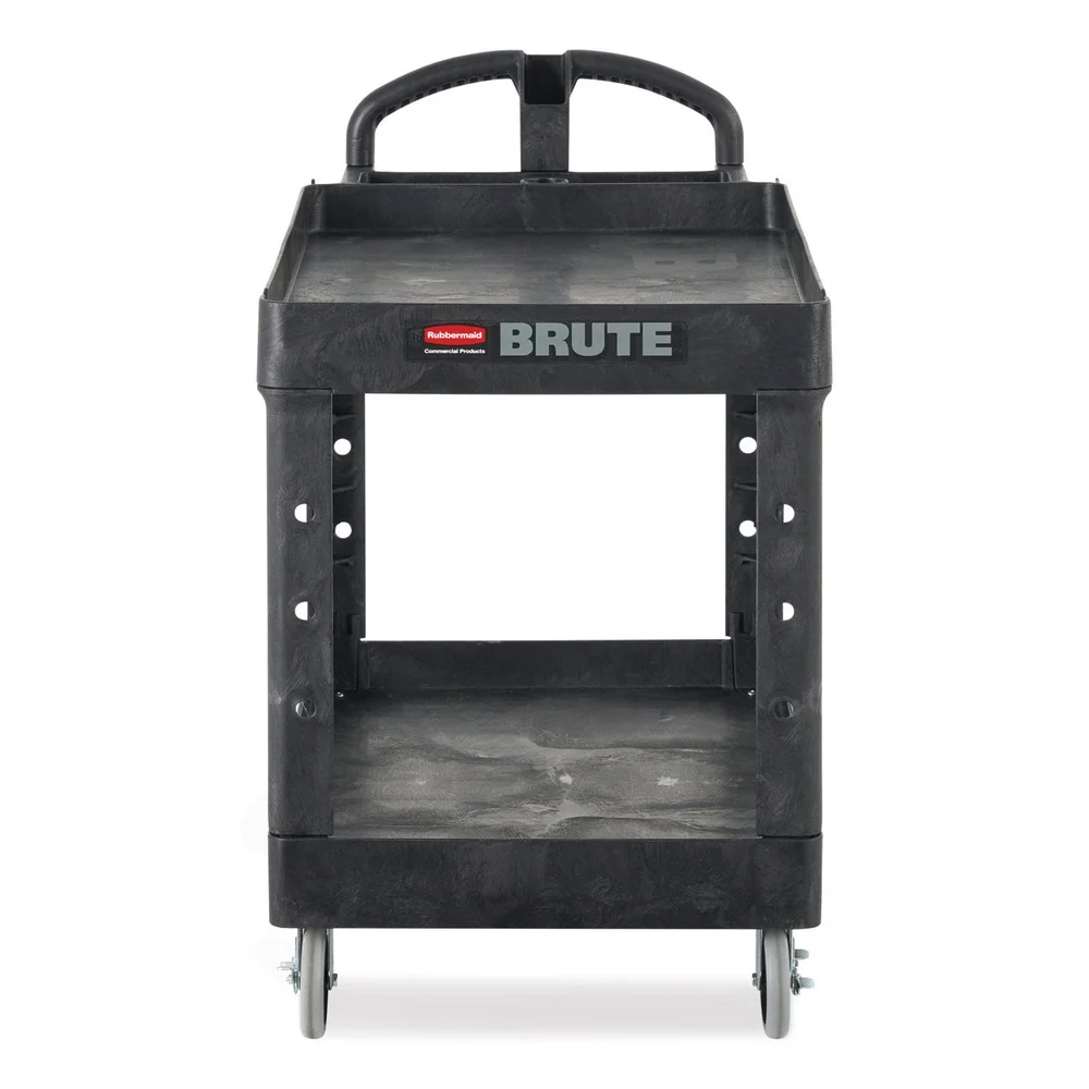 Rubbermaid Commercial 25.9 in. x 45.2 in. x 32.2 in. 500 lbs. Capacity 2 Lipped Shelves Heavy-Duty Plastic Utility Cart - Black