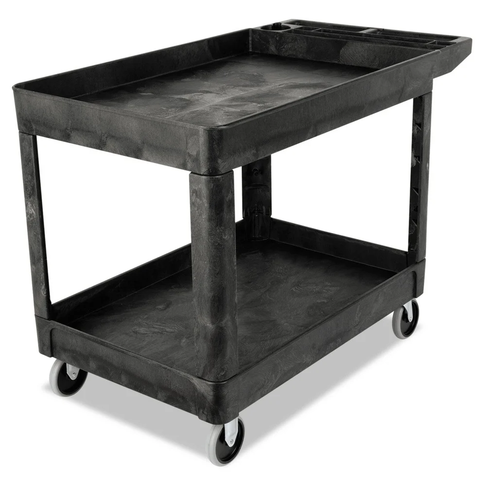 Rubbermaid Commercial 25.78 in. x 45.25 in. x 33.25 in. 500 lbs. Capacity 2 Shelves Plastic Heavy-Duty Utility Cart with Lipped Shelves - Black