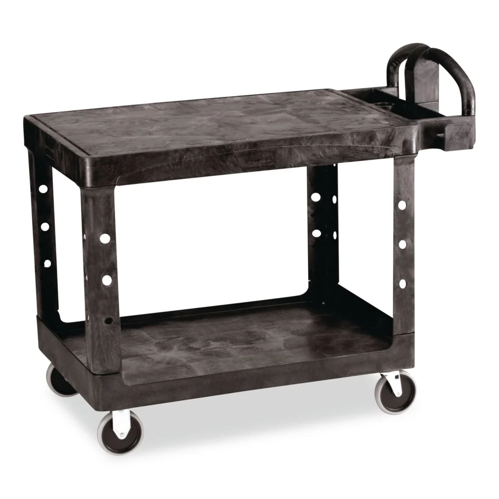 Rubbermaid Commercial 25.25 in. x 44 in. x 38.13 in. 500 lbs. Capacity 2 Flat Shelves Plastic Utility Cart - Black