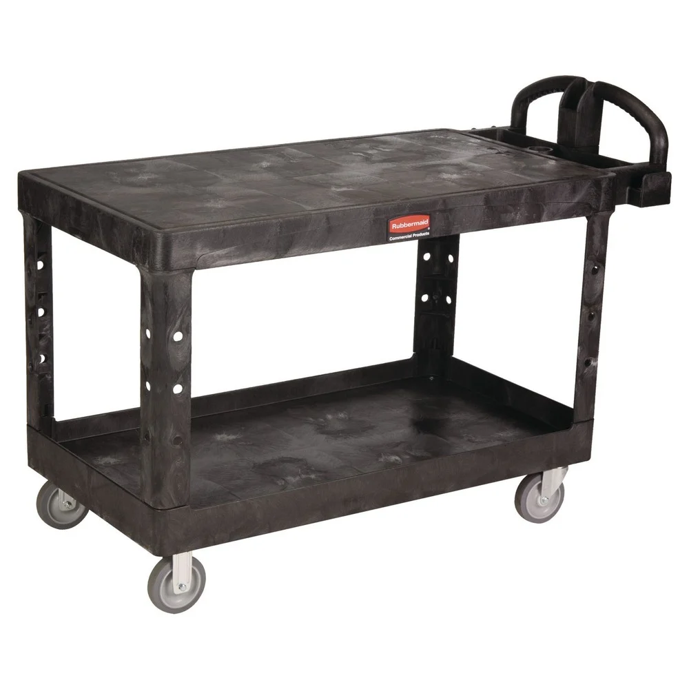 Rubbermaid Commercial 25.25 in. x 54 in. x 36 in. 500 lbs. Capacity 2 Flat Shelves Heavy-Duty Plastic Utility Cart - Black