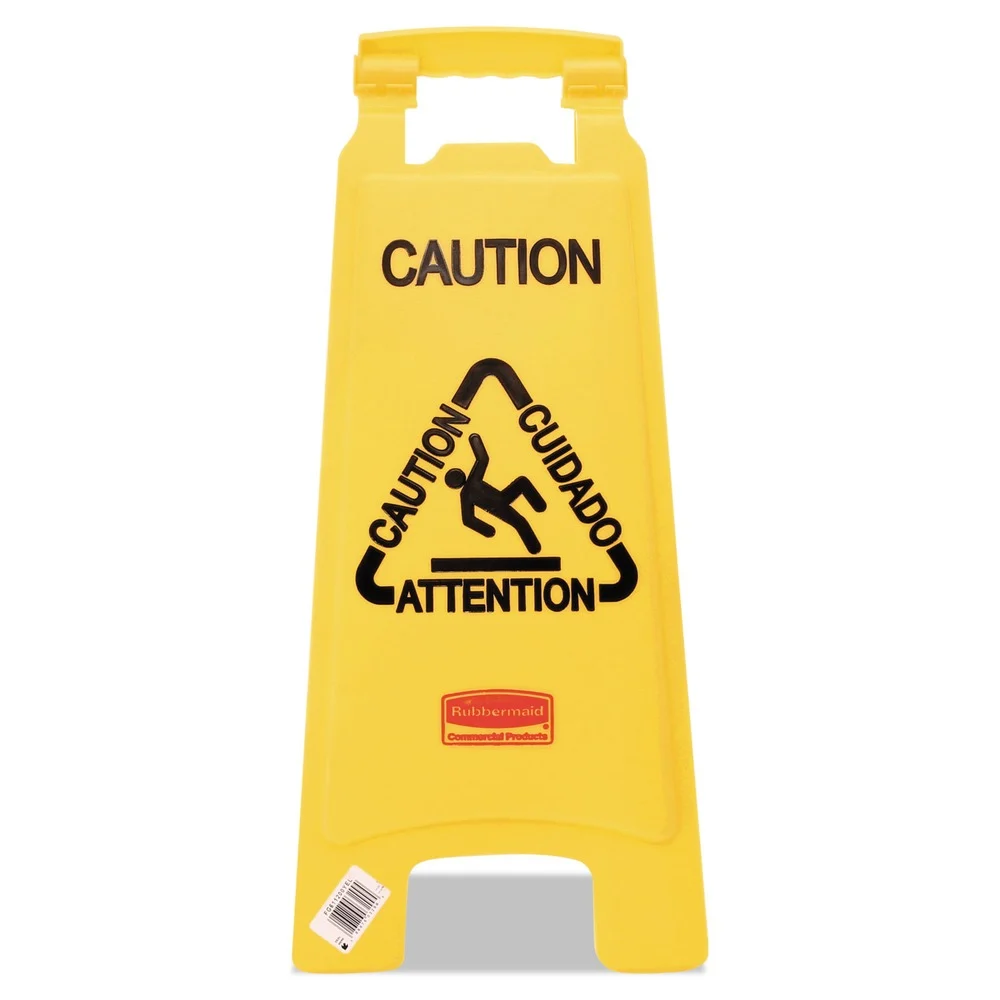 Rubbermaid Commercial 11 in. x 12 in. x 25 in. Multilingual "Caution" Floor Sign - Bright Yellow