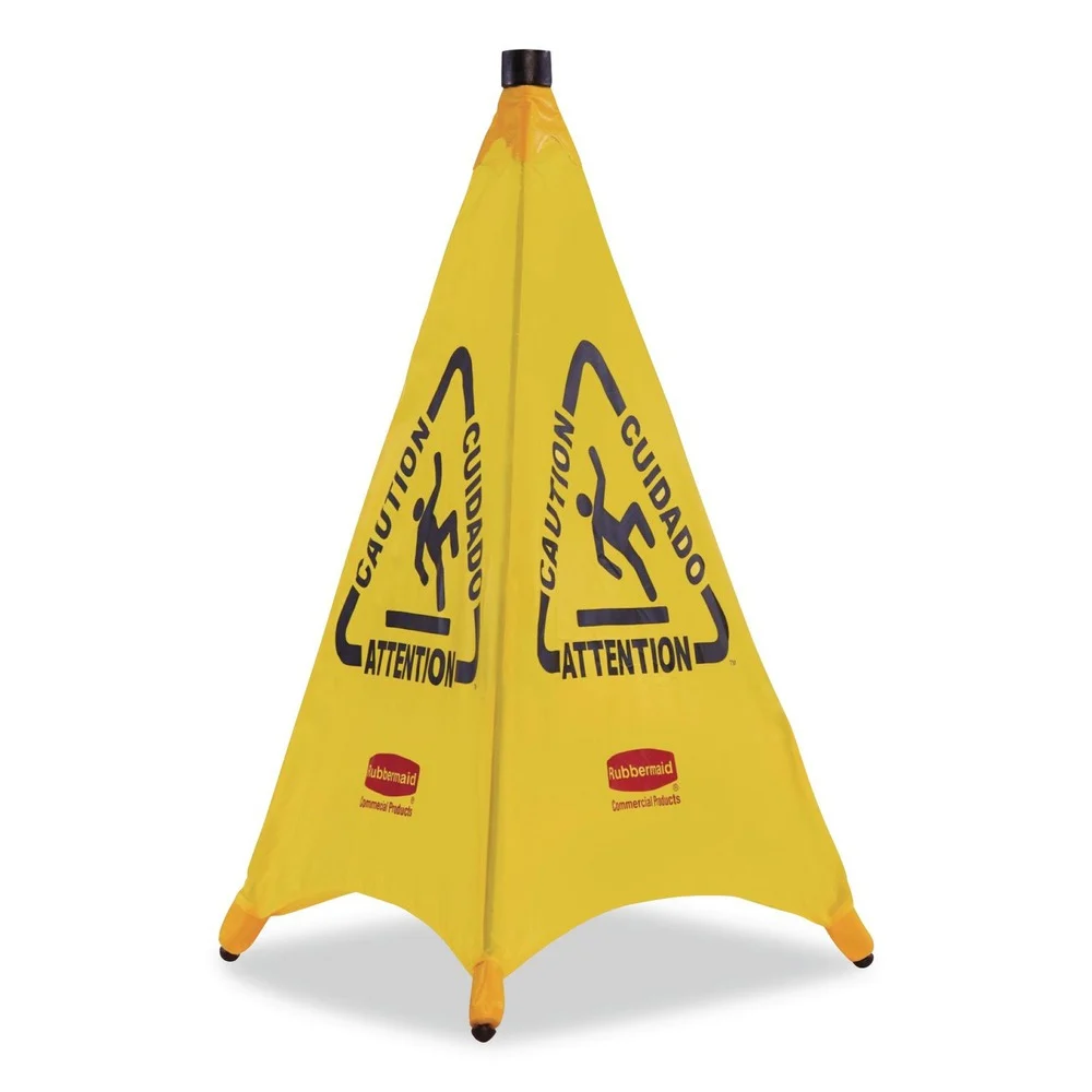 Rubbermaid Commercial 3-Sided Fabric 21 in. x 21 in. x 30 in. Multilingual Pop-Up Wer Floor Safety Cone - Yellow