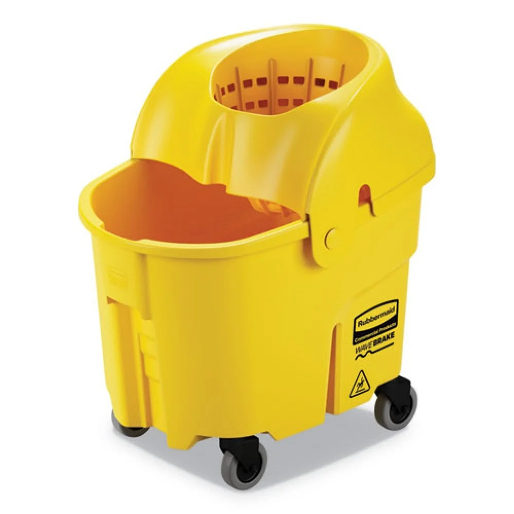 Rubbermaid Commercial FG759088YEL 35 qt. WaveBrake Plastic Down-Press Institution Bucket and Wringer Combos - Yellow