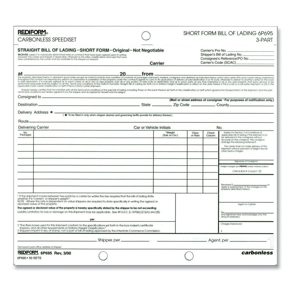 Rediform 7 in. x 8.5 in. Short Form Three-Part Carbonless Speediset Bill of Lading (50/Pack)