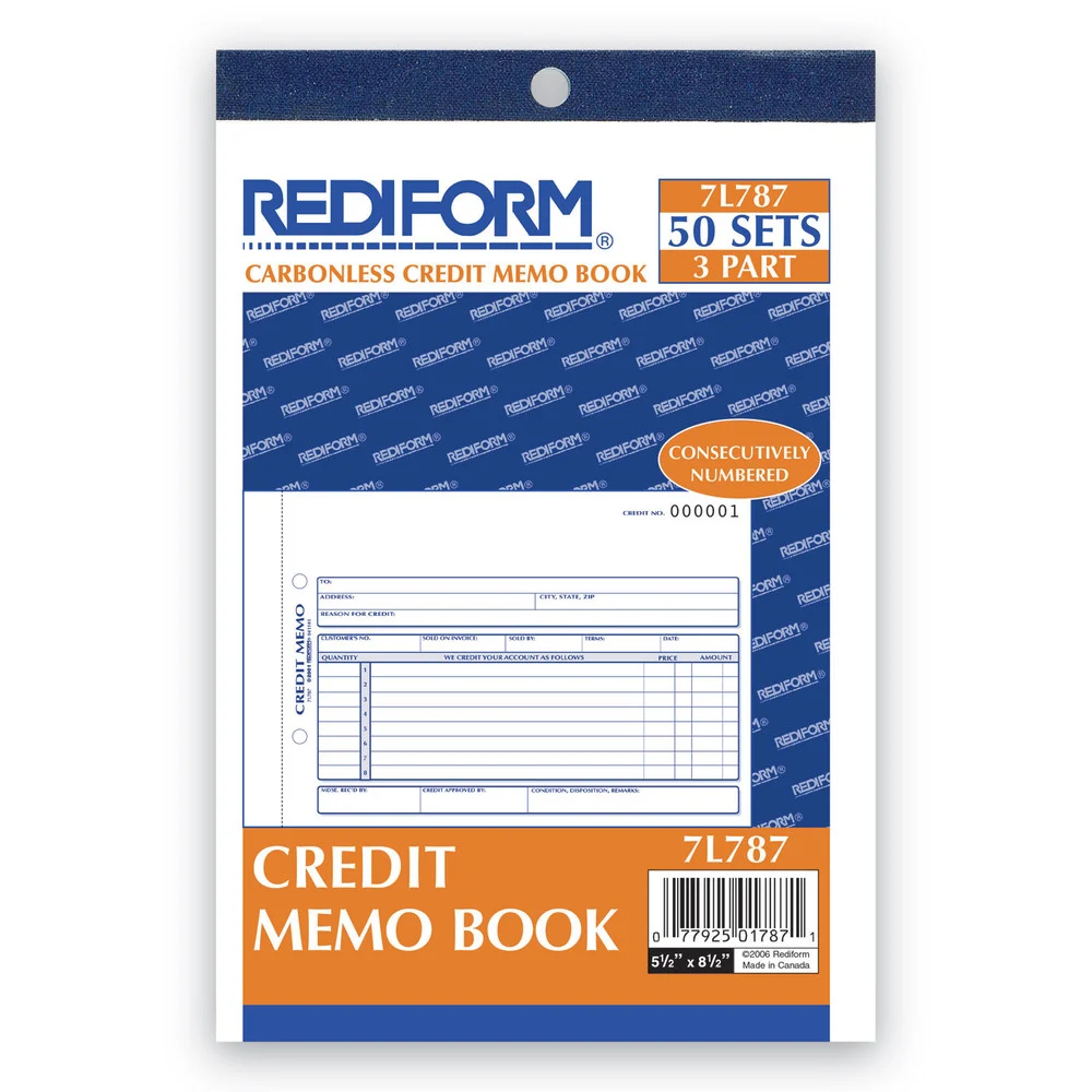 Rediform 50 Forms Total 5.5 in. x 7.88 in. Three-Part Carbonless Credit Memo Book