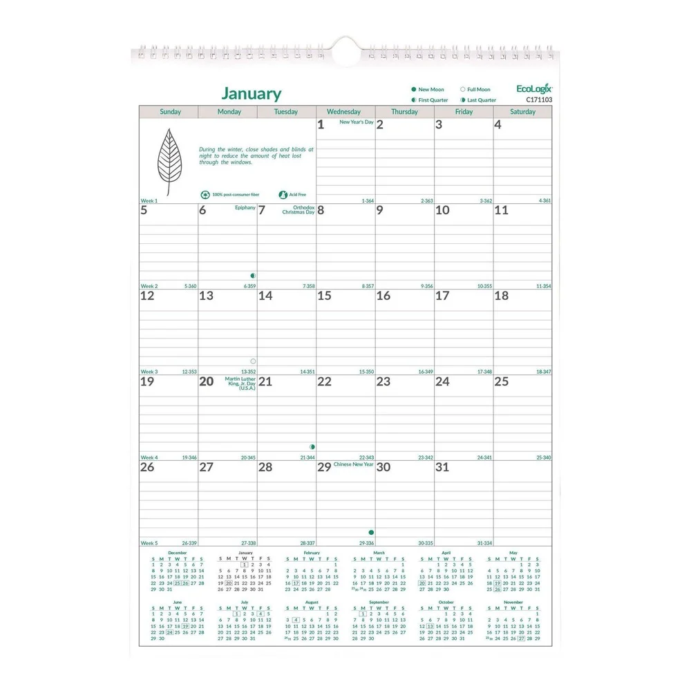 Brownline 12-Month (Jan to Dec): 2026 12 in. x 17 in. EcoLogix Artwork Monthly Wall Calendar - White/Green Sheets