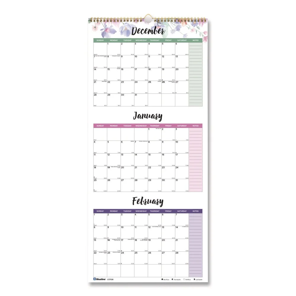 Blueline 14-Month: Dec 2025 to Jan 2027 12.2 in. x 27 in. Passion Floral Artwork 3-Month Quarterly Wall Calendar - White/Multicolor Sheets