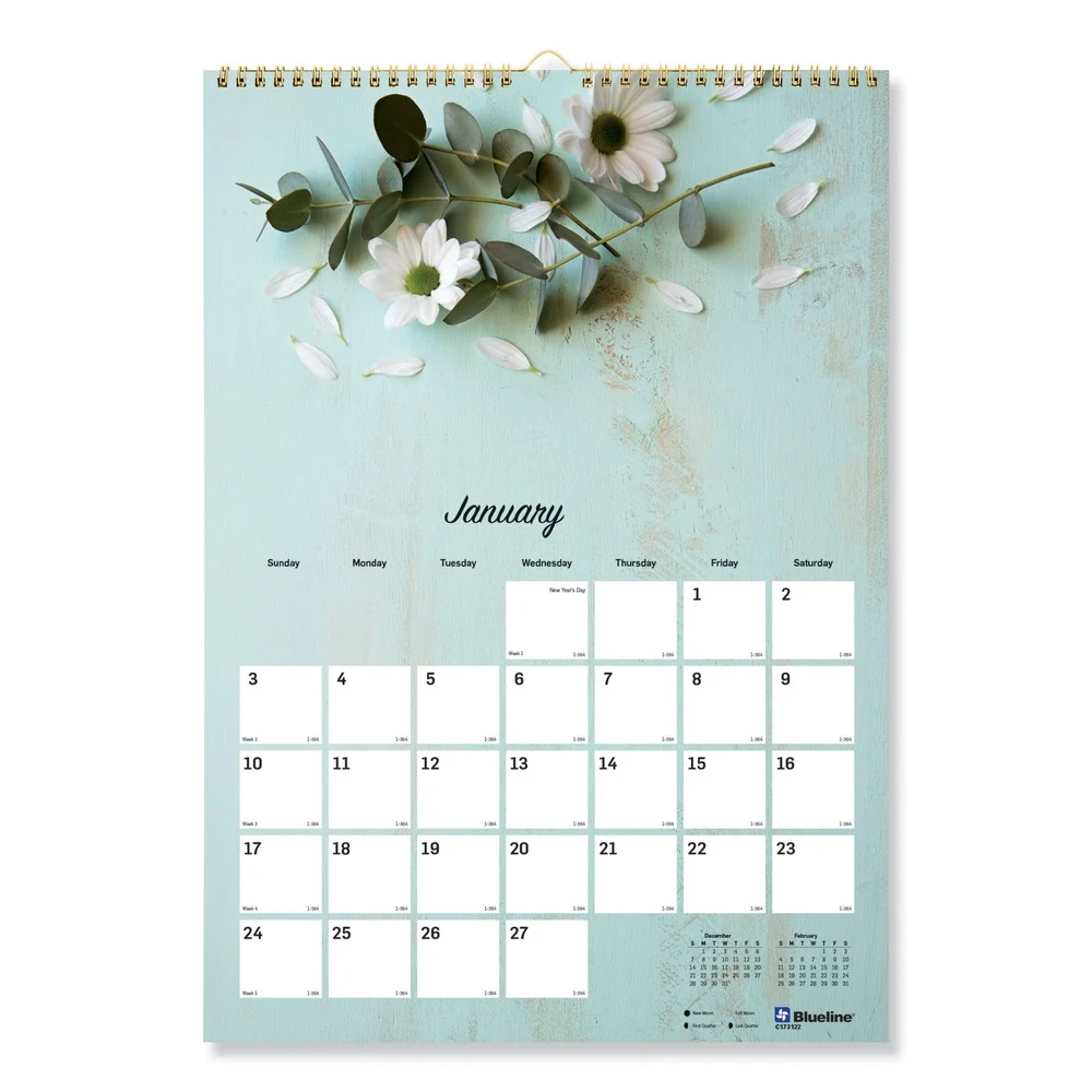 Blueline 12-Month (Jan to Dec): 2026 12 in. x 17 in. Floral Photography Romantic Wall Calendar - White/Multicolor Sheets