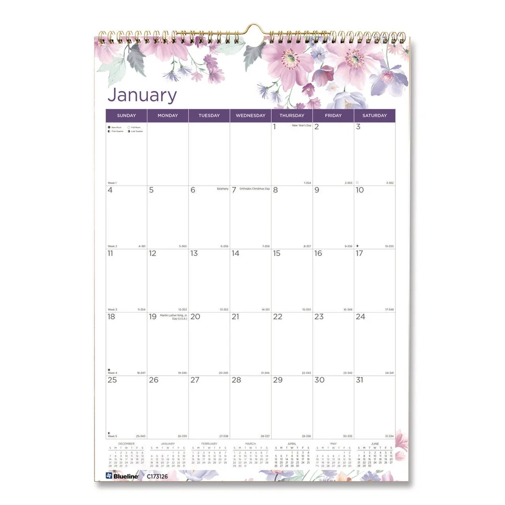 Blueline 12-Month (Jan to Dec): 2026 12 in. x 17 in. Passion Floral Artwork Colorful Wall Calendar - White/Multicolor Sheets