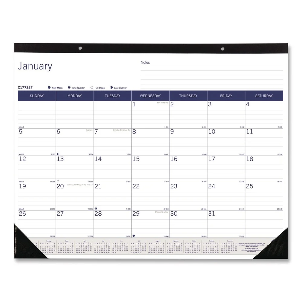 Blueline 12-Month (Jan to Dec): 2026 22 in. x 17 in. DuraGlobe Monthly Desk Pad Calendar - White/Blue/Gray Sheets, Black Binding/Corners