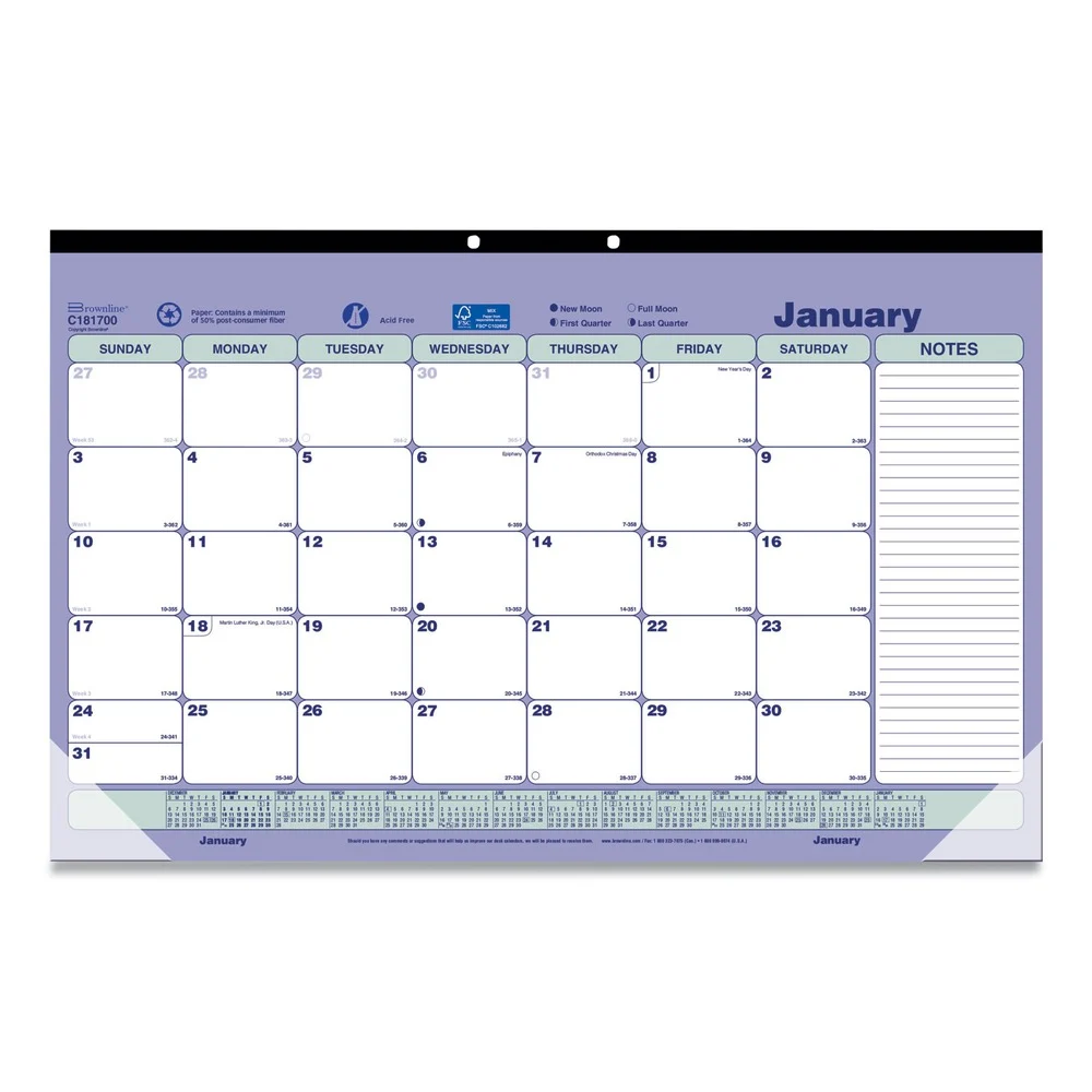 Brownline 12-Month (Jan to Dec): 2026 17.75 in. x 10.88 in. Monthly Desk Pad Calendar - White/Blue/Green Sheets, Black Binding/Clear Corners