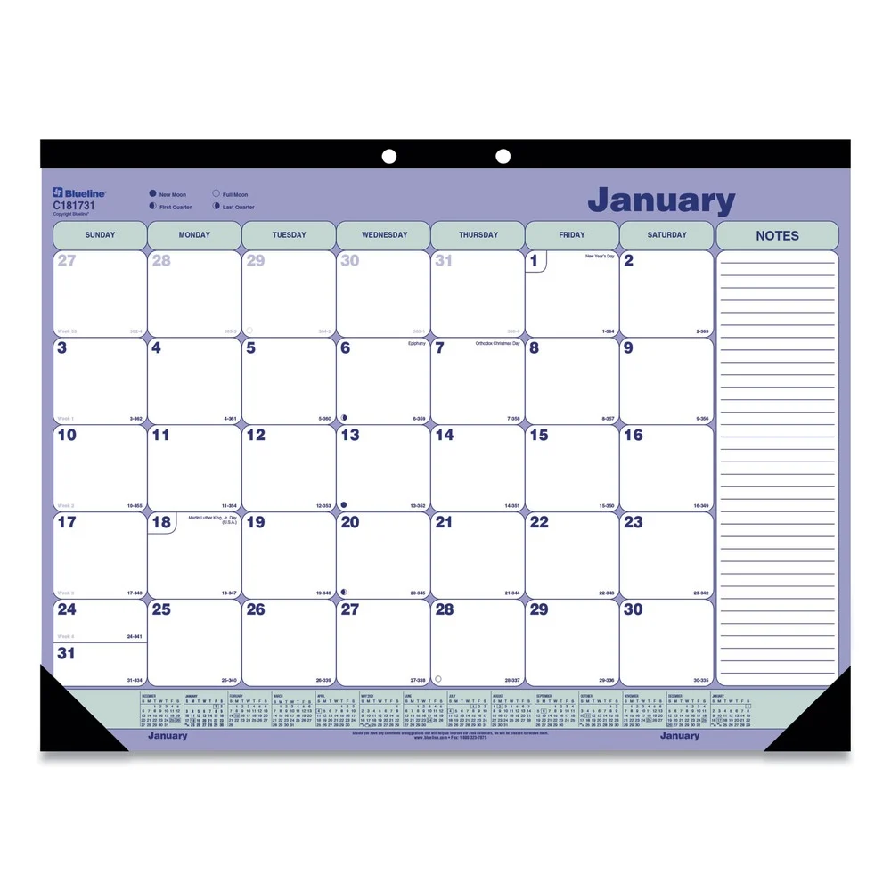 Blueline 12-Month (Jan to Dec): 2026 21.25 in. x 16 in. Monthly Desk Pad Calendar - White/Blue/Green Sheets, Black Binding/Corners