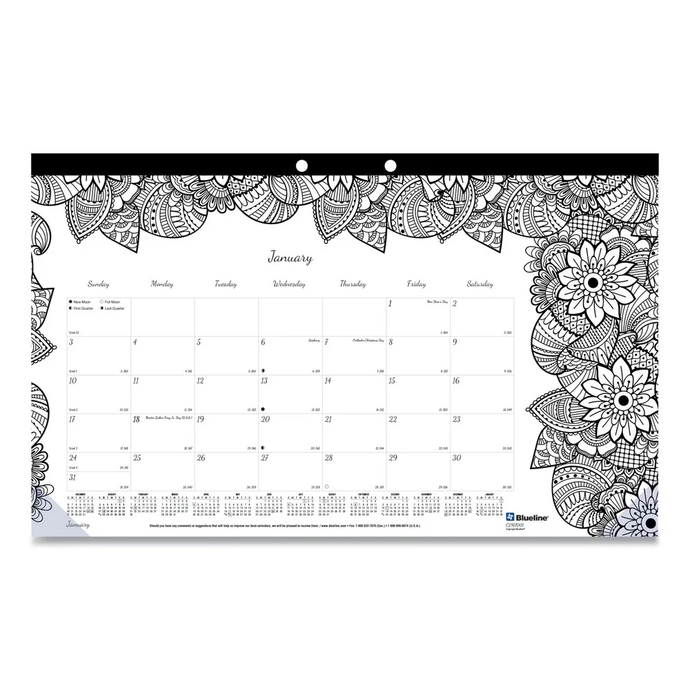 Blueline 12-Month (Jan to Dec): 2026 17.75 in. x 10.88 in. Monthly Coloring Artwork Desk Pad Calendar - Black Binding/Clear Corners