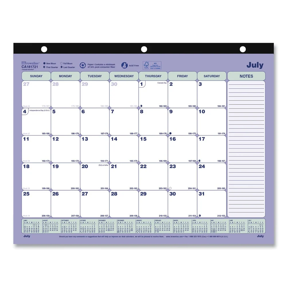 Brownline 11 in. x 8.5 in. 13-Month (Jul 2025-2026) Academic Binder-Insertable Desk Pad Calendar - White/Blue/Green Sheets