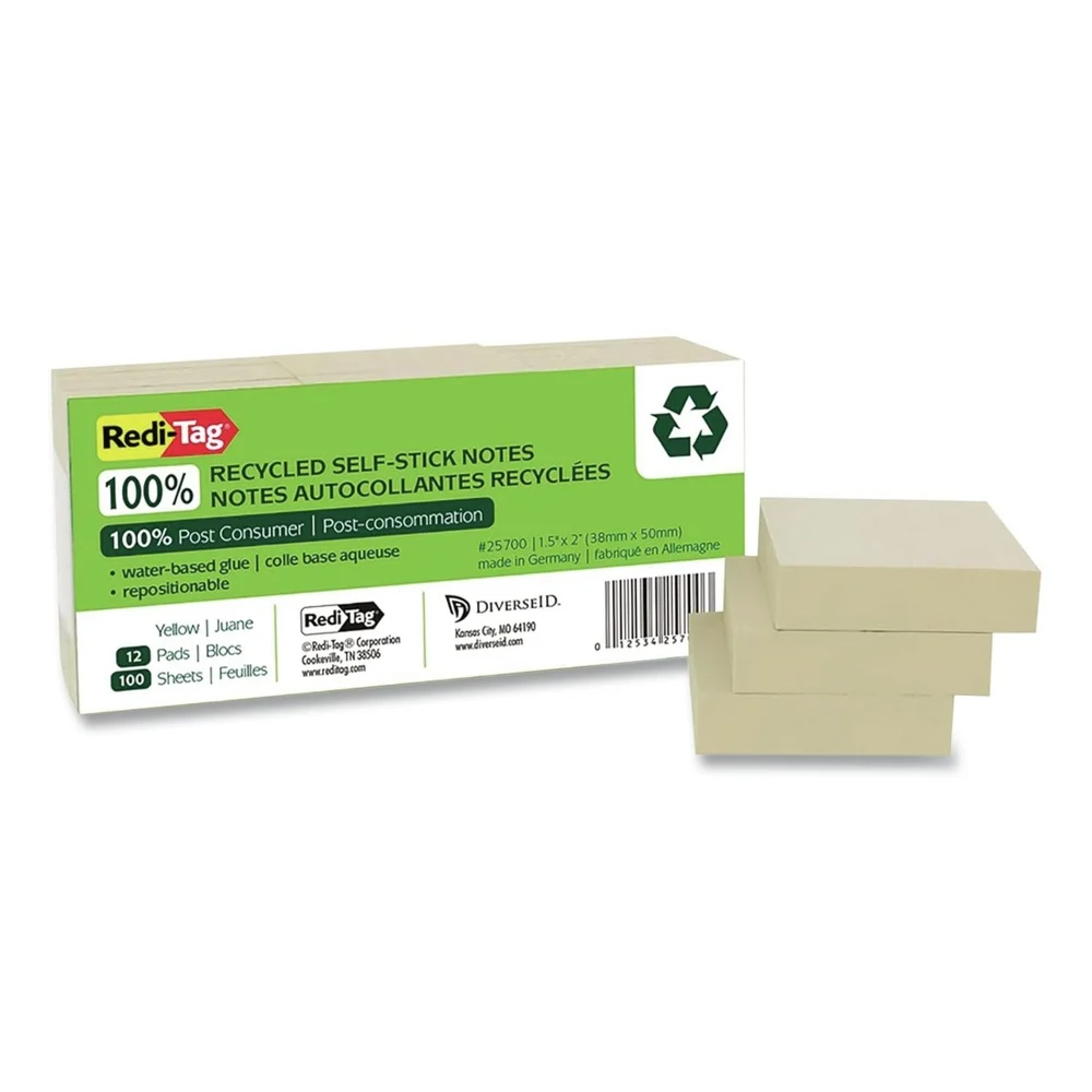 Redi-Tag 1.5 in. x 2 in. 100% Recycled Self-Stick Notes - Yellow (12/Pack)