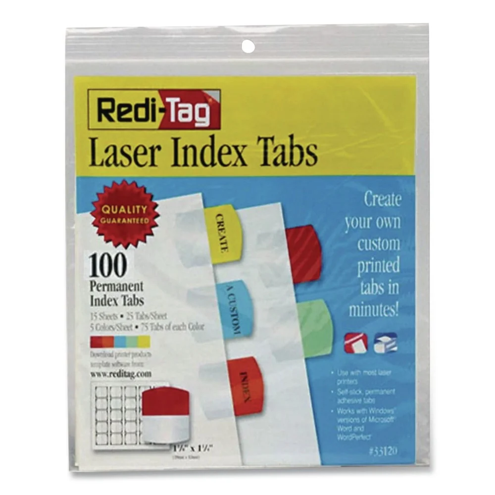Redi-Tag 1.13 in. Wide 1/5-Cut Laser Printable Index Tabs - Assorted Colors (100/Pack)