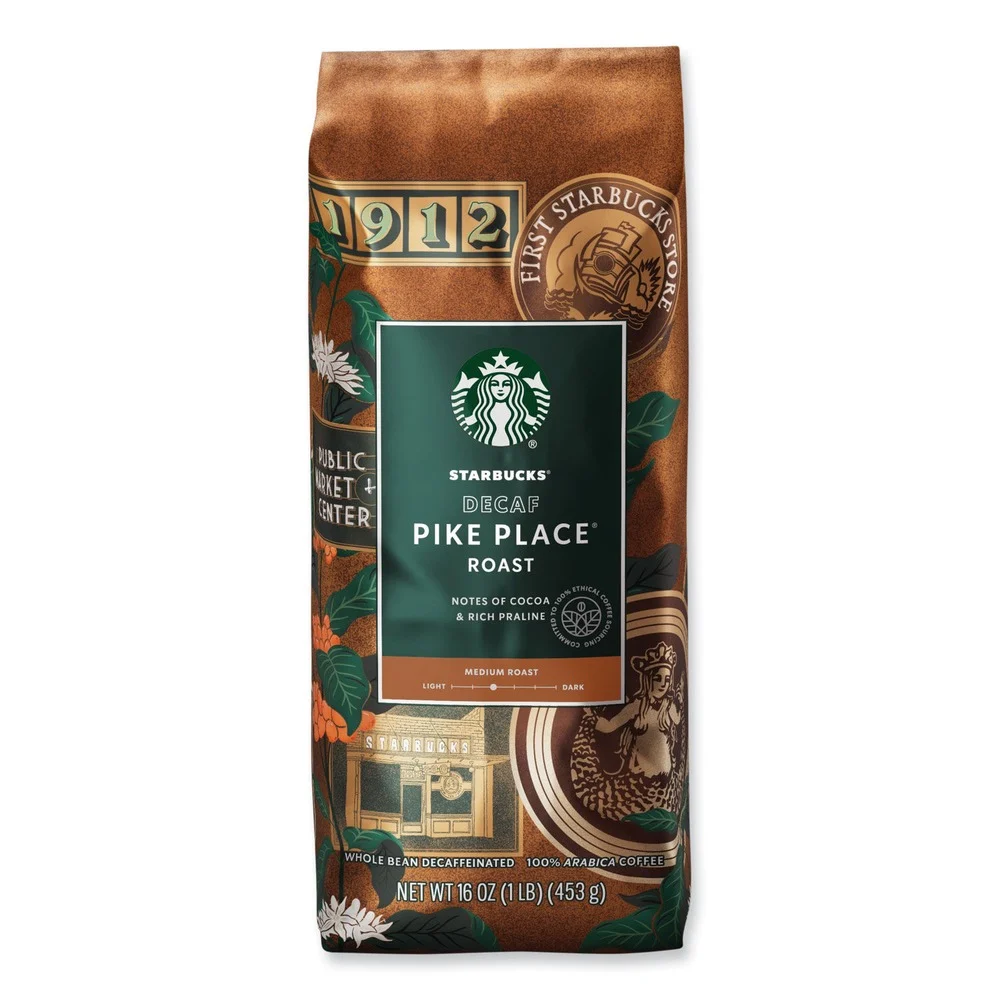 Starbucks SBK12540222CT 1 lbs. Bag Decaffeinated Whole Bean Coffee - Pike Place (6/Carton)