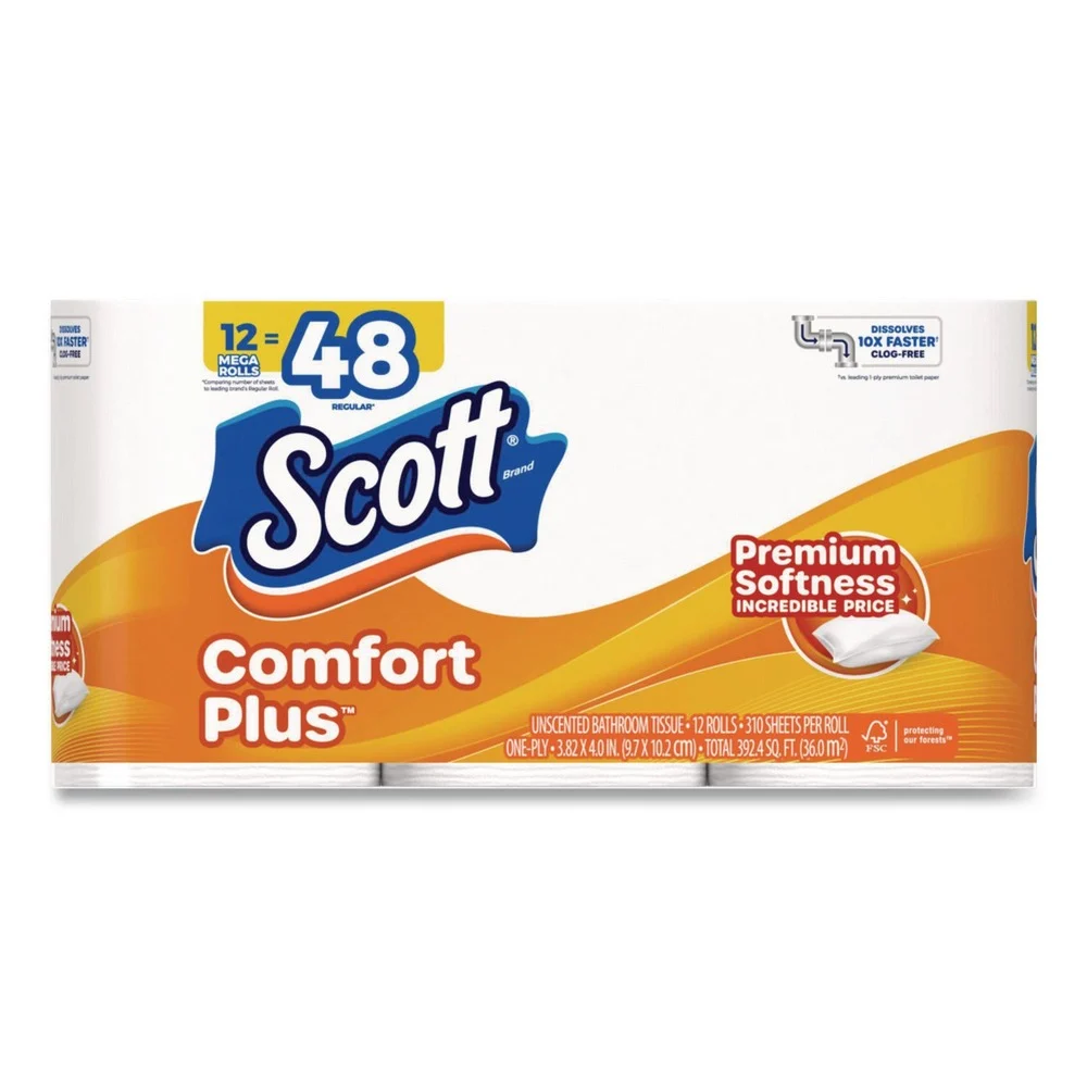 Scott 1-Ply ComfortPlus Septic-Safe Toilet Paper Mega Rolls - White (12/Carton)