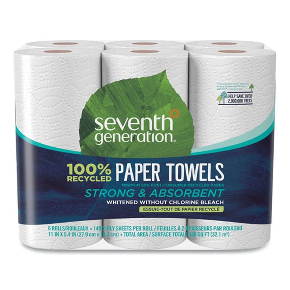 Seventh Generation 13731 11 in. x 5.4 in. 2-Ply 100 Percent Recycled Paper Kitchen Towel Rolls (6/Pack)