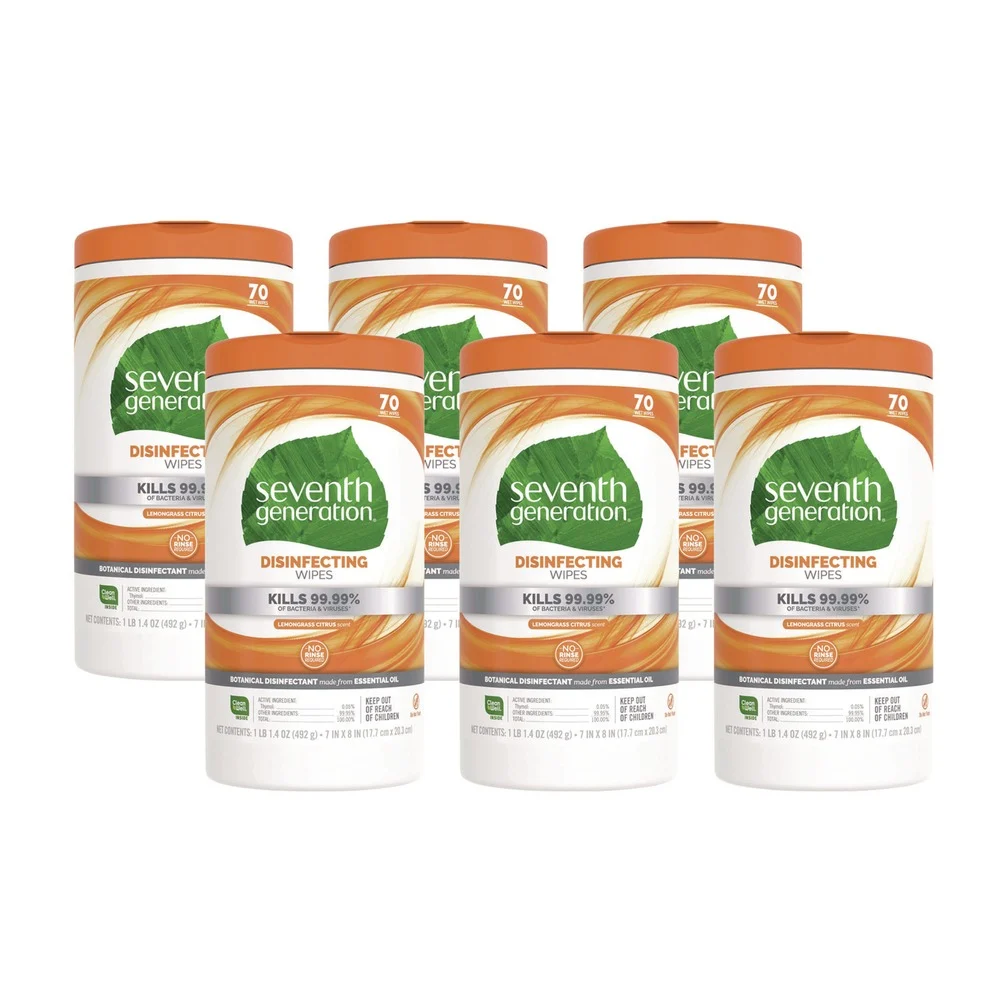 Seventh Generation 70-Count 7 in. x 8 in. Botanical Disinfecting Wipes - Lemongrass Citrus (6/Carton)