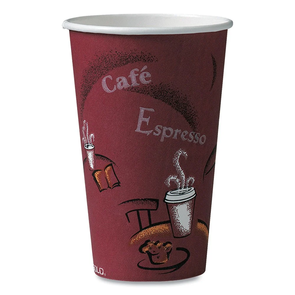 SOLO 16 oz. Paper Hot Drink Cups in Bistro Design - Maroon (1000/Carton)
