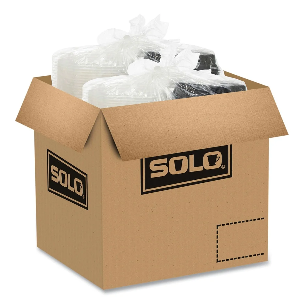 SOLO 809014-PP94 OctaView 9.55 in. x 9.1 in. x 2.4 in. 38 oz. 3-Compartment Plastic Hinged-Lid Hot Food Containers - Black/Clear (100/Carton)