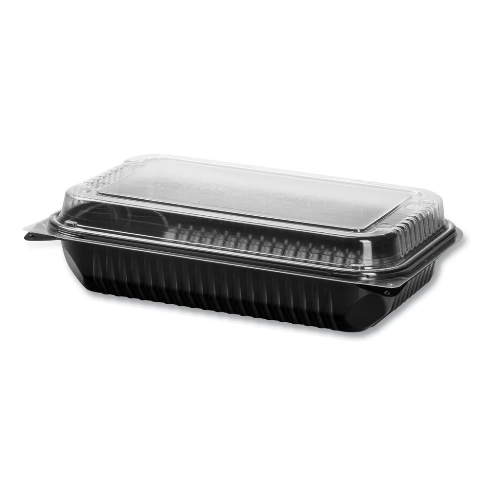 SOLO 919017-PM94 11.5 in. x 8 in. MPS Plastic Hinged Lid Dinner Box - Black/Clear (100/Carton)