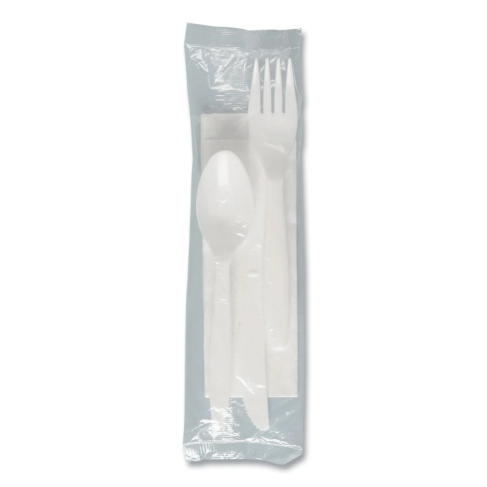 SOLO Medium Weight PP Kit Wrapped Fork/Knife/Teaspoon/Napkin - White (250/Carton)