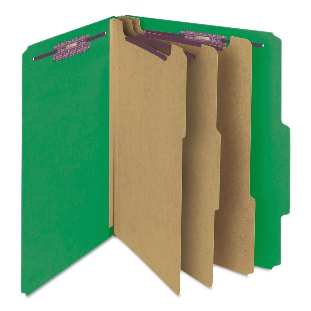 Smead 8 SafeSHIELD Fasteners 3 Dividers Letter Size 8-Section Pressboard Top Tab Classification Folders - Green (10/Box)