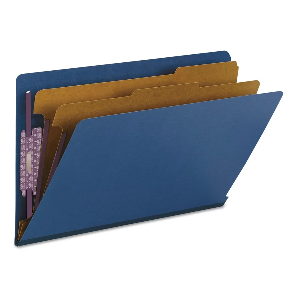 Smead 6 SafeSHIELD Fasteners 2 in. Expansion 2 Dividers Legal Size End Tab Pressboard Classification Folders - Dark Blue (10/Box)