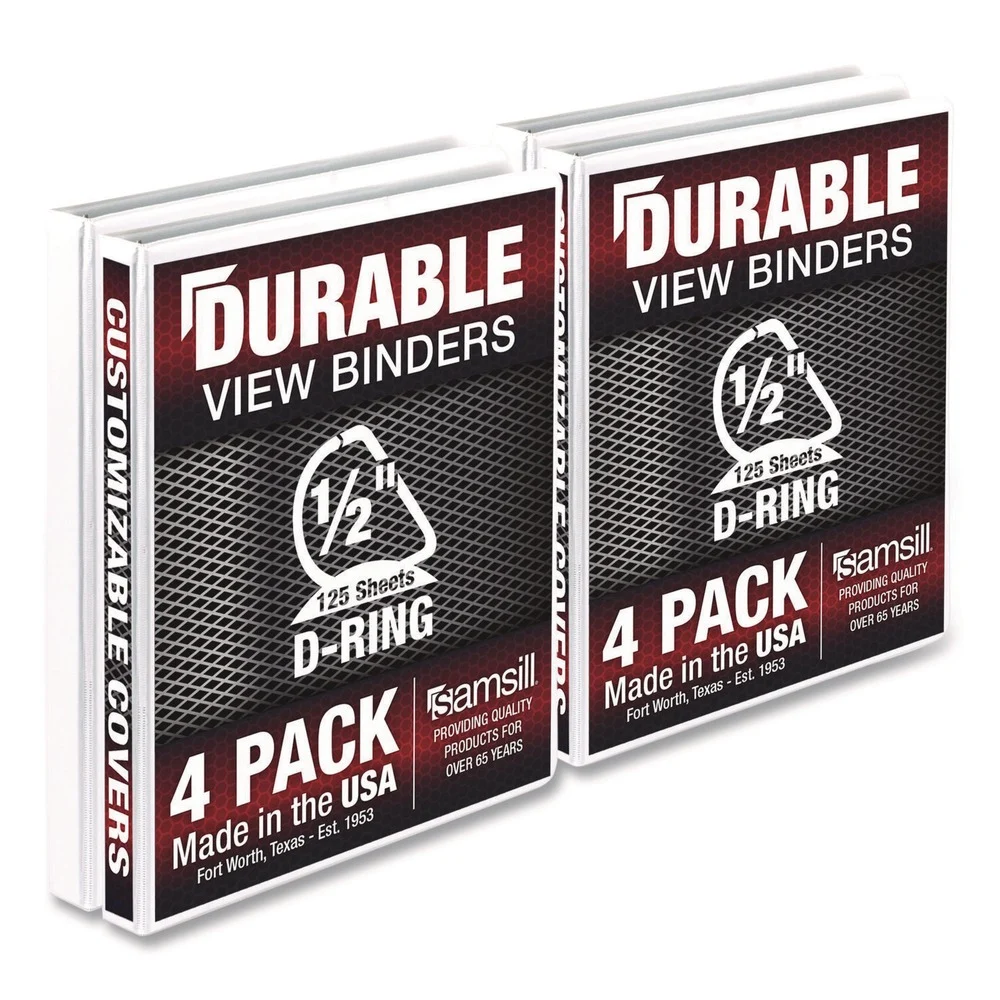 Samsill 11.5 in. x 8.5 in. 3 Rings 0.5 in. Capacity Durable D-Ring View Binders - White (4/Pack)
