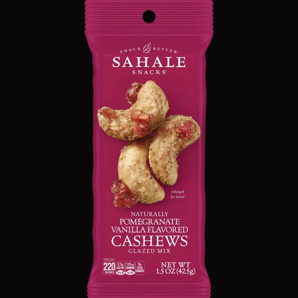 Sahale Snacks 9386900328 1.5 oz Bag Pomegranate Vanilla Glazed Mix Cashews (18/Carton)