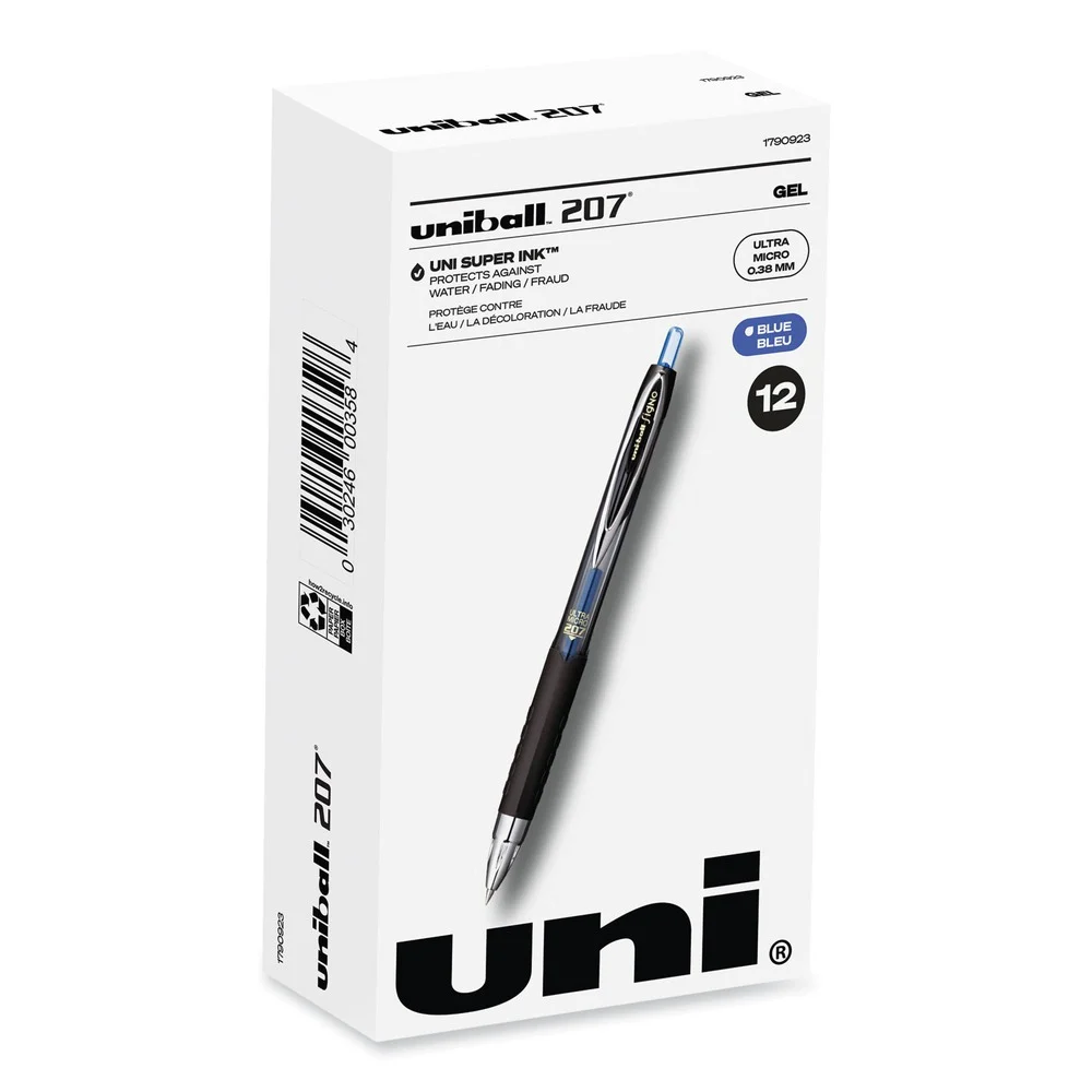 uni-ball Signo Extra-Fine 0.38 mm Retractable 207 Gel Ultra Micro Gel Pen - Blue Ink Clear/Black Barrel (1-Dozen)