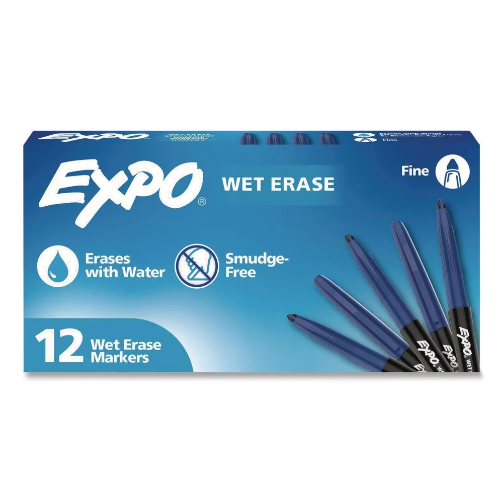 EXPO Wet Erase Markers Fine Needle Tip Blue 12/Pack