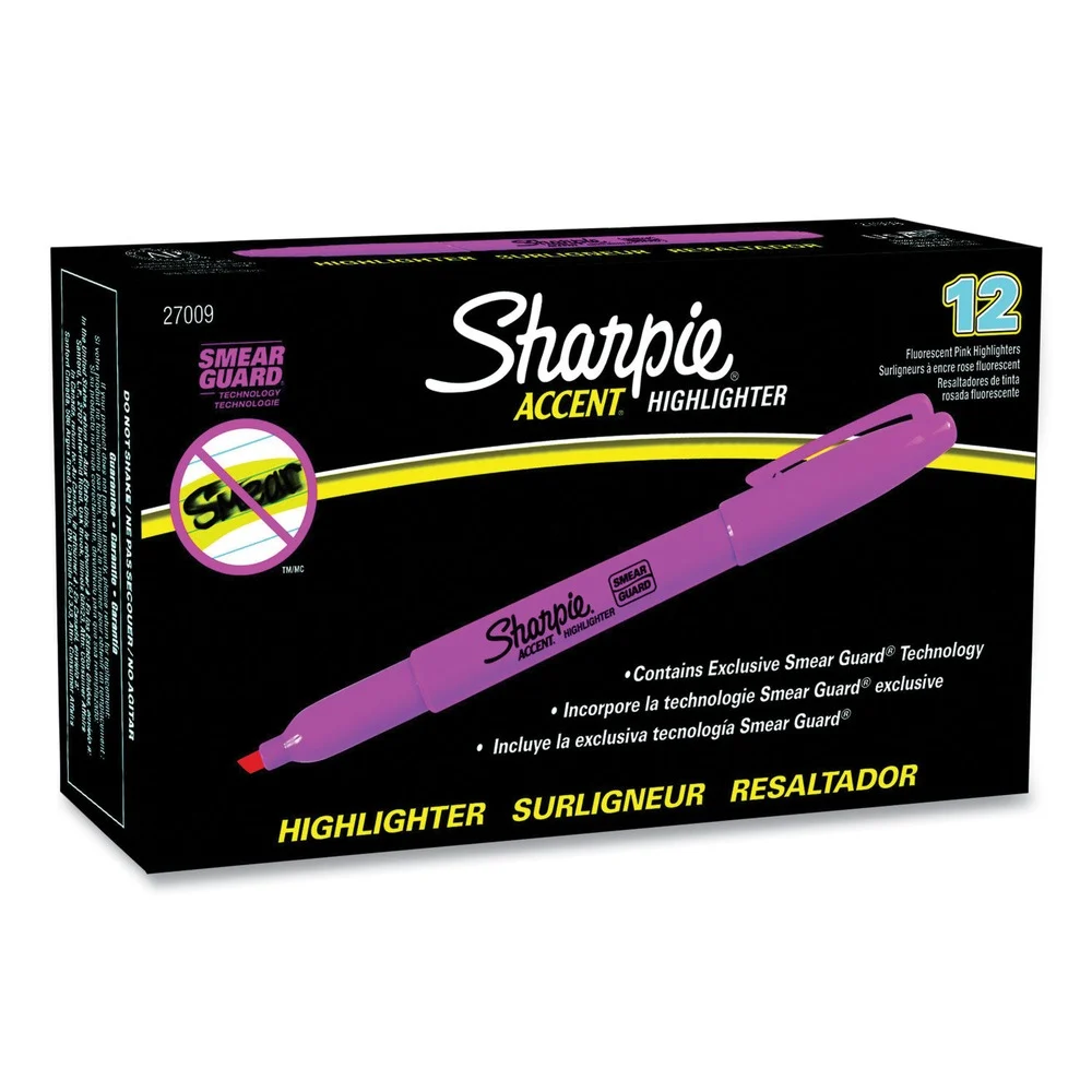 Sharpie Chisel Tip Pocket Style Highlighters - Fluorescent Pink Ink, Pink Barrel (1-Dozen)